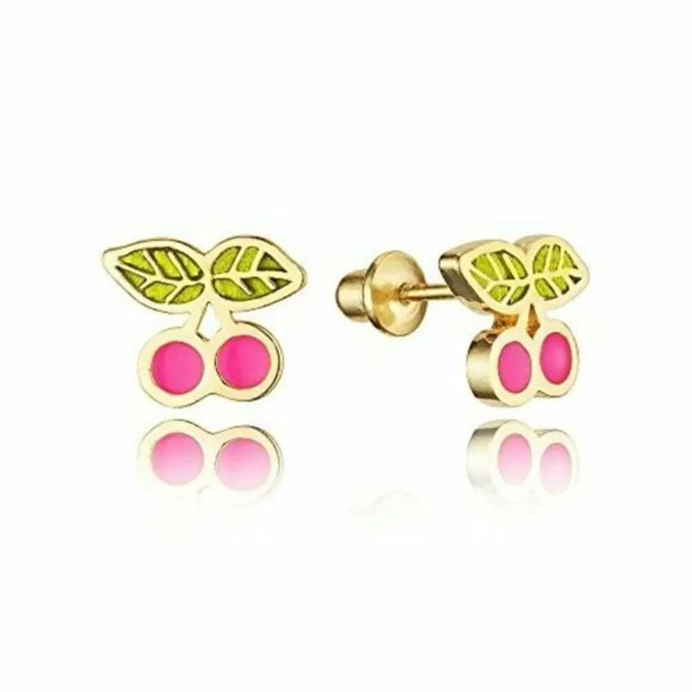 14k gold plated Cherry Enamel CZ Earrings
